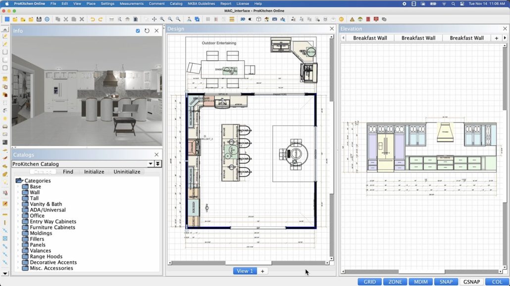 ProKitchen Online screenshot with a kitchen floor plan, 3D view, elevation and catalog categories