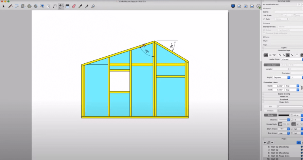 SketchUp Layout screenshot of a framed wall drawing with angle dimensions