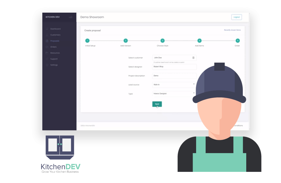 KitchenDEV Create proposal screen with a cartoon worker in a cap and the KitchenDEV logo