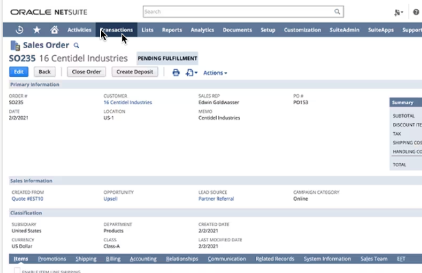 Netsuite Sales Order from 2020 Design